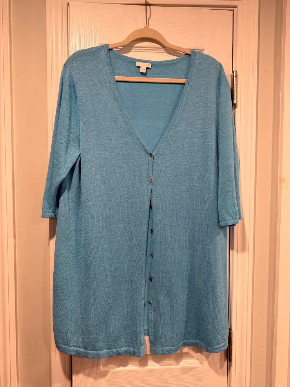 J.Jill Size L Blue Long Cardigan Sweater Linen Cotton Button Front 3/4 Sleeve